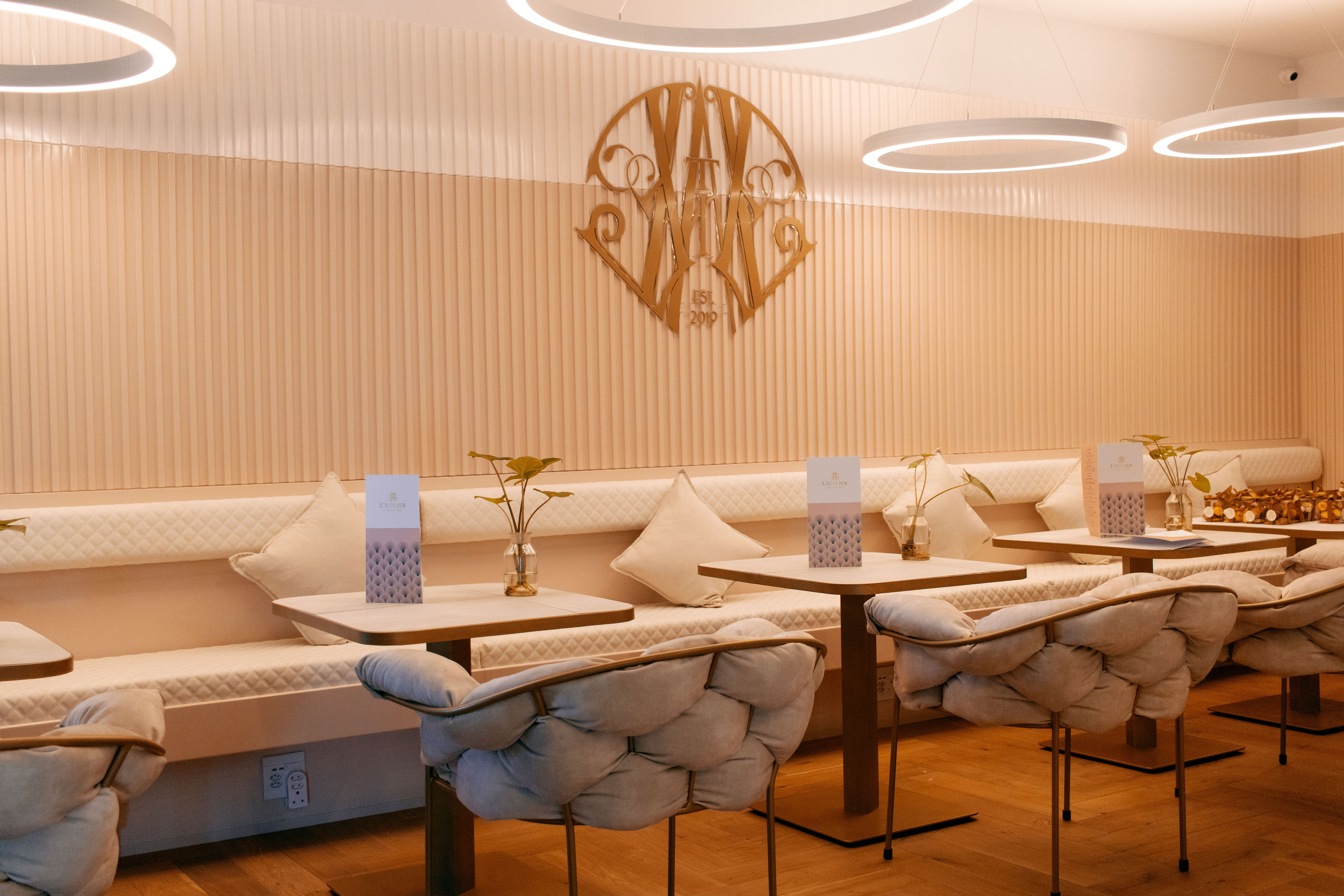 L'Atelier Shop Signage - Elegant monogram applied to storefront signage for cake and confectionery shop by the Native Creative